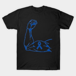 Flexed arm with Blue Awareness Ribbon T-Shirt